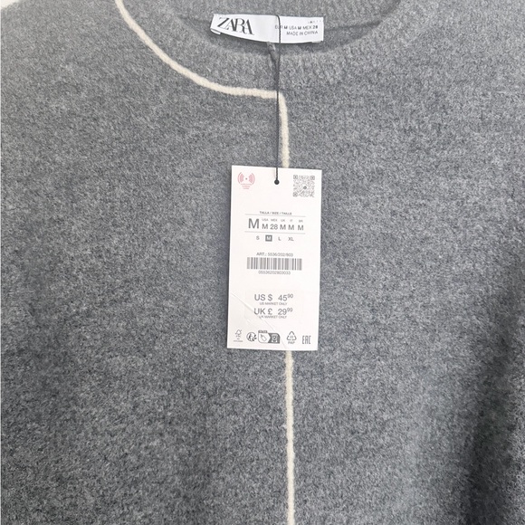 NWT Zara Charcoal Crew Neck Sweater with Contrast Piping - Picture 9 of 11